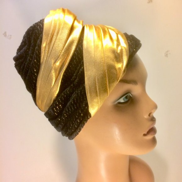 Vtg Gold Lame Black Velvet Sculptural Beehive Hat